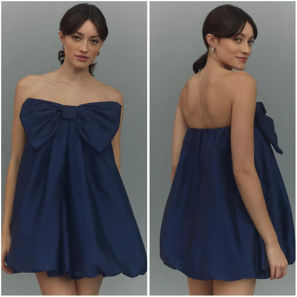 BHLDN Anthropologie Livia Strapless Bow Tent Mini Dress in Navy Blue NWT New